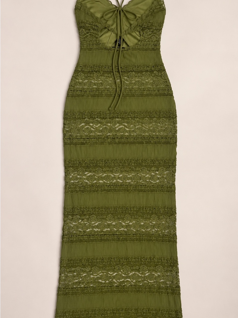 Olive Lace-Detail Maxi Dress with Tie Front